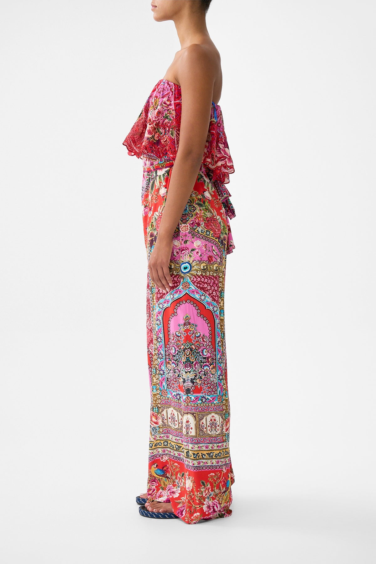 The CAMILLA STRAPLESS JUMPSUIT WITH FRILL HEIRLOOM EMPIRE
