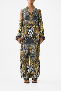 MANDARIN COLLAR COLD SHOULDER BLOUSE FELINE FOLKLORE