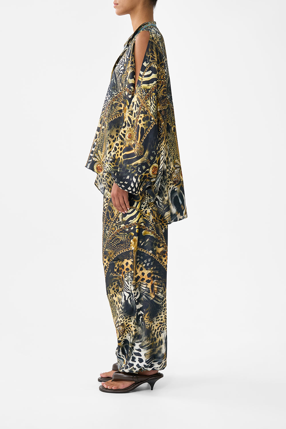 MANDARIN COLLAR COLD SHOULDER BLOUSE FELINE FOLKLORE