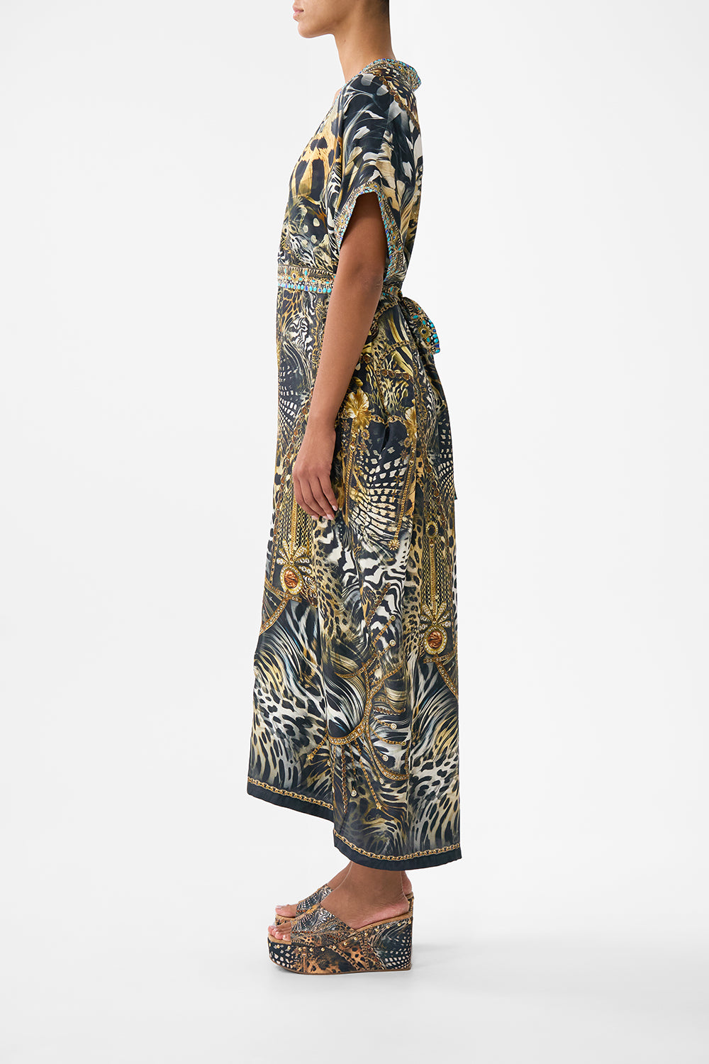 The CAMILLA SHORT SLEEVE KAFTAN WITH TIE WAIST FELINE FOLKLORE