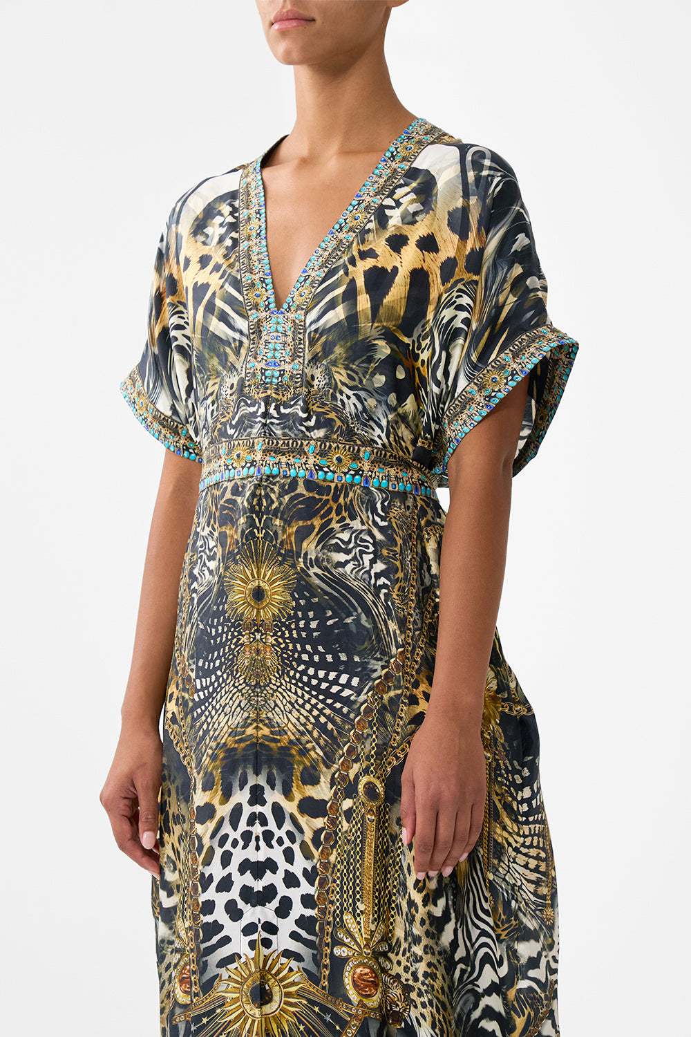 The CAMILLA SHORT SLEEVE KAFTAN WITH TIE WAIST FELINE FOLKLORE