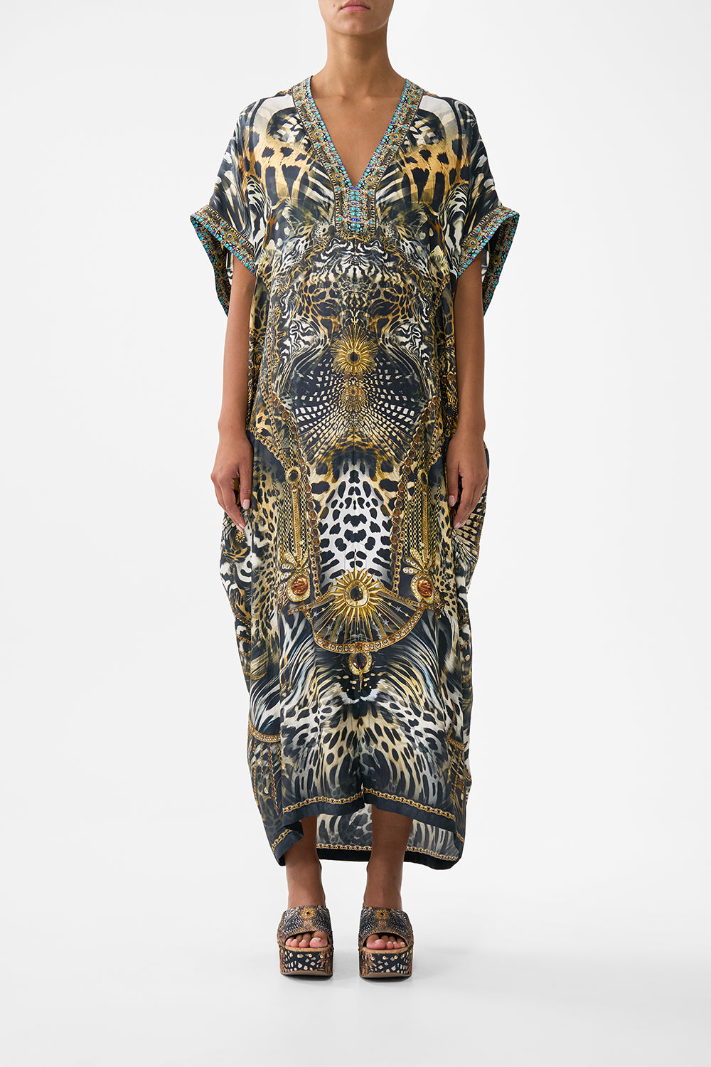 The CAMILLA SHORT SLEEVE KAFTAN WITH TIE WAIST FELINE FOLKLORE