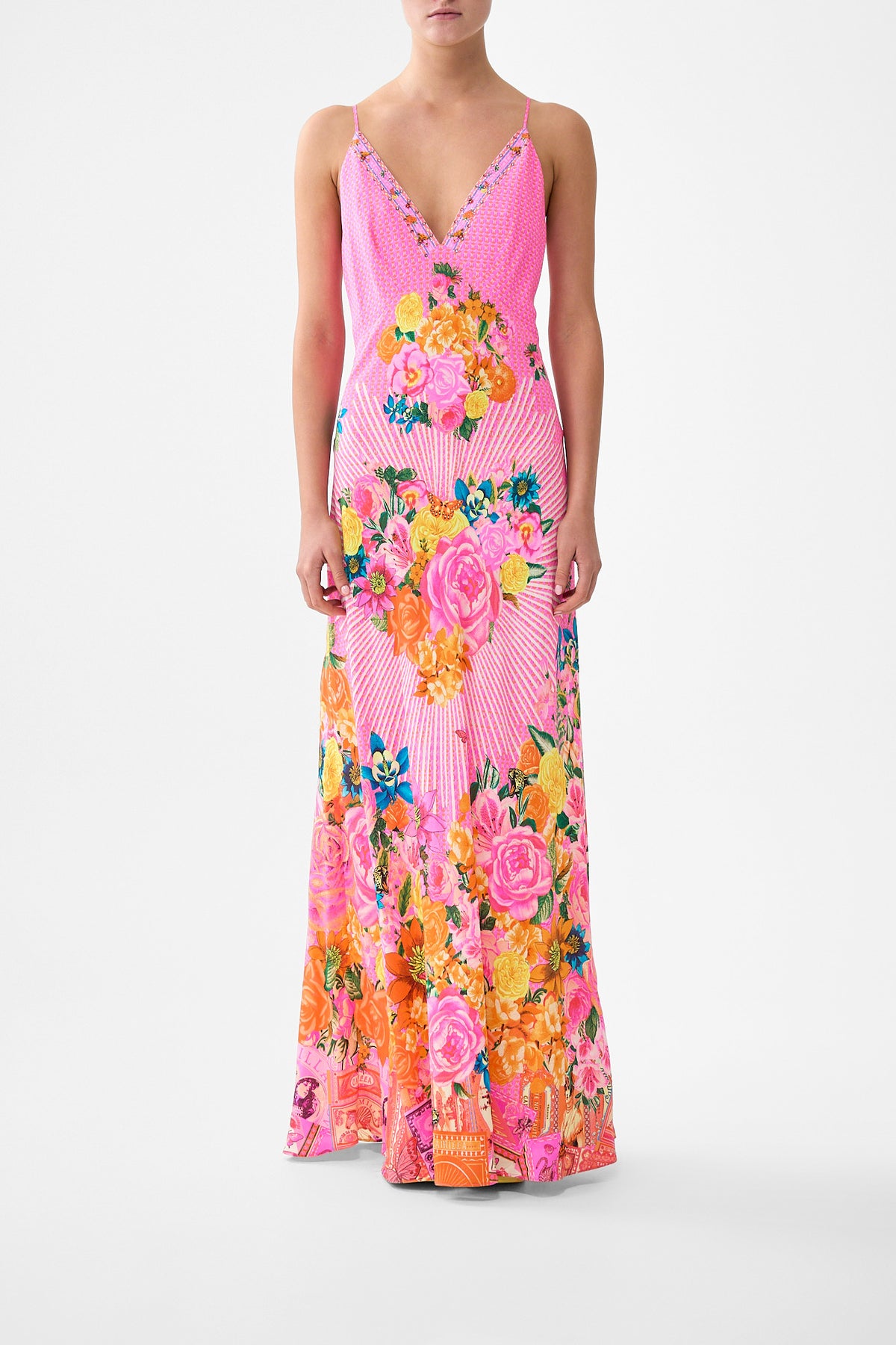 V-NECK FULL LENGTH BIAS SLIP DRESS ILLUSTRATION NATION