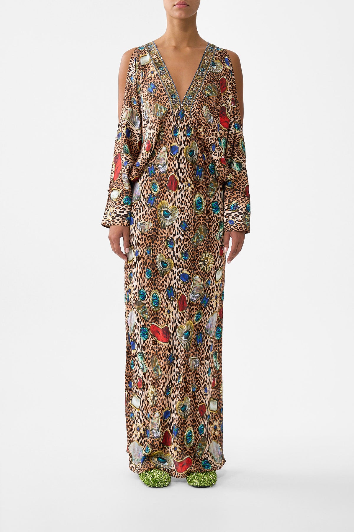 PLUNGE NECK DRAPED SHOULDER DRESS NAZAR NIRVANA