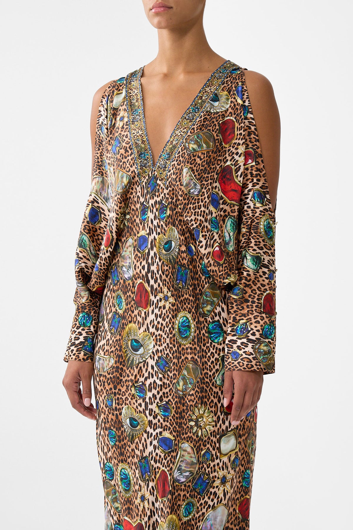 PLUNGE NECK DRAPED SHOULDER DRESS NAZAR NIRVANA