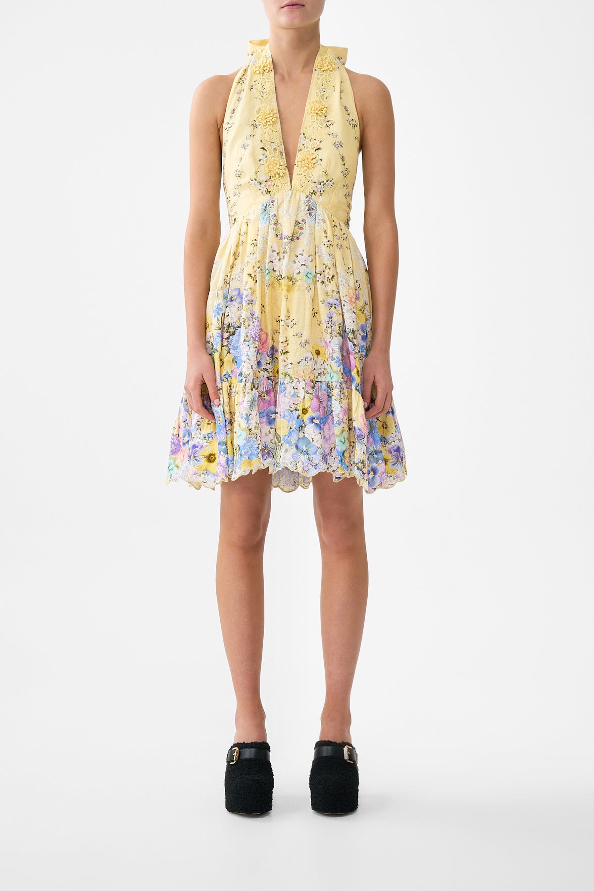 RUFFLE HEM HALTER SHORT DRESS DARLING BUDS