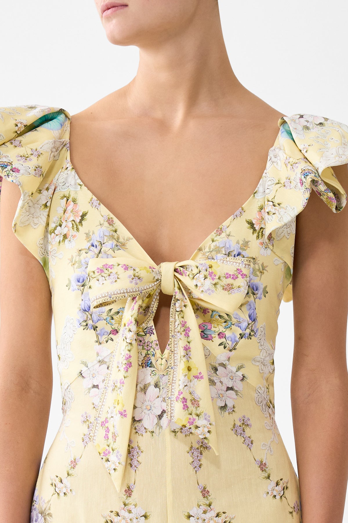 The CAMILLA TIE FRONT FRILL SLEEVE JUMPSUIT DARLING BUDS