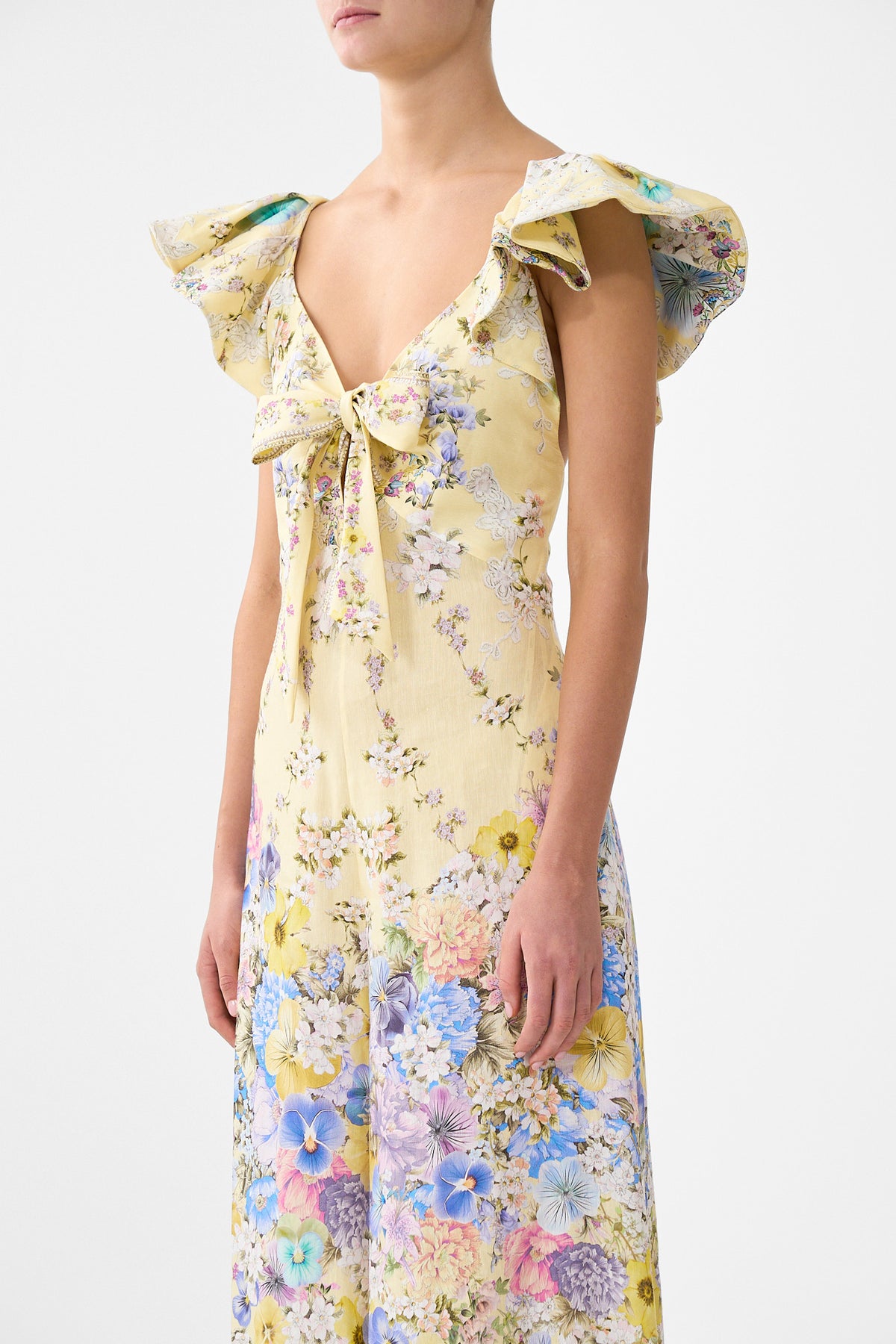 The CAMILLA TIE FRONT FRILL SLEEVE JUMPSUIT DARLING BUDS