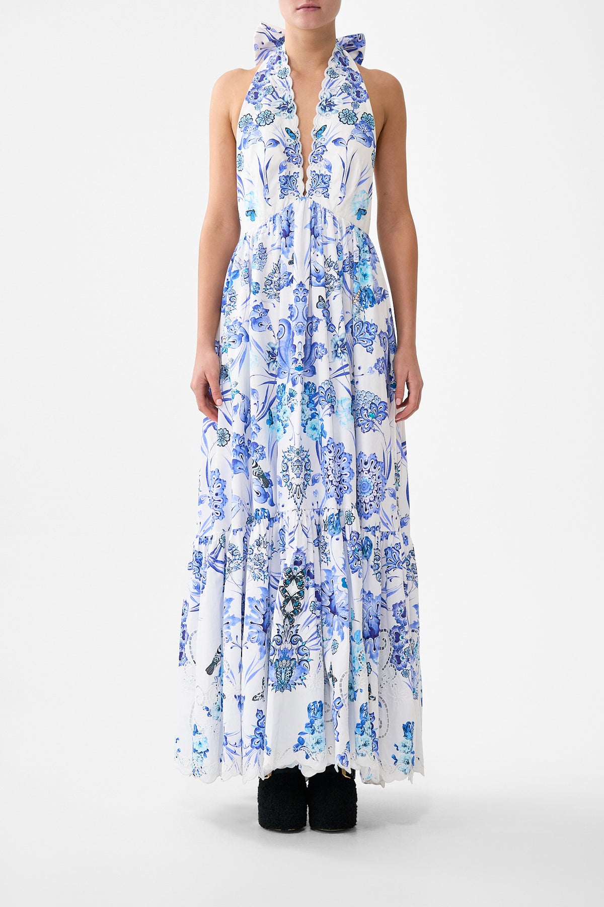 The CAMILLA RUFFLE HEM HALTER DRESS ALL ABOUT THAT LACEALL ABOUT THAT LACE