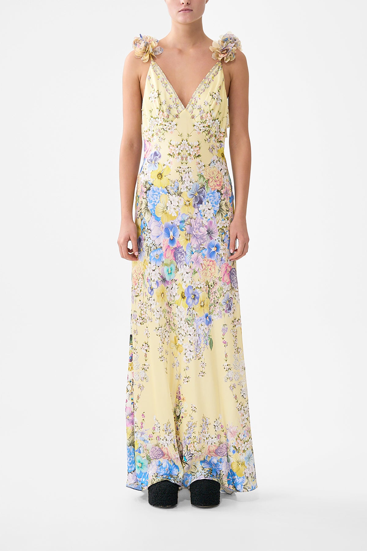 V NECK BIAS SLIP DRESS WITH BACK FRILL DARLING BUDS