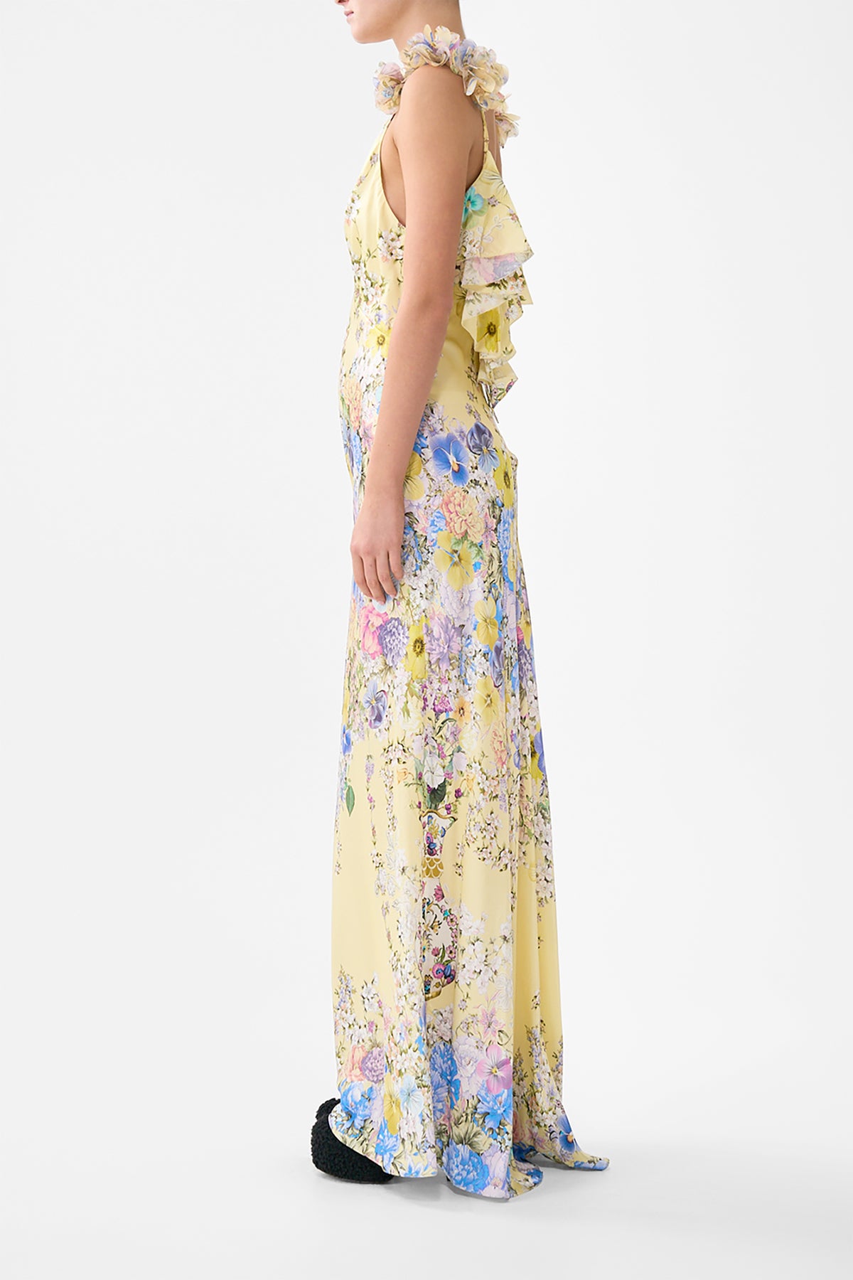 V NECK BIAS SLIP DRESS WITH BACK FRILL DARLING BUDS