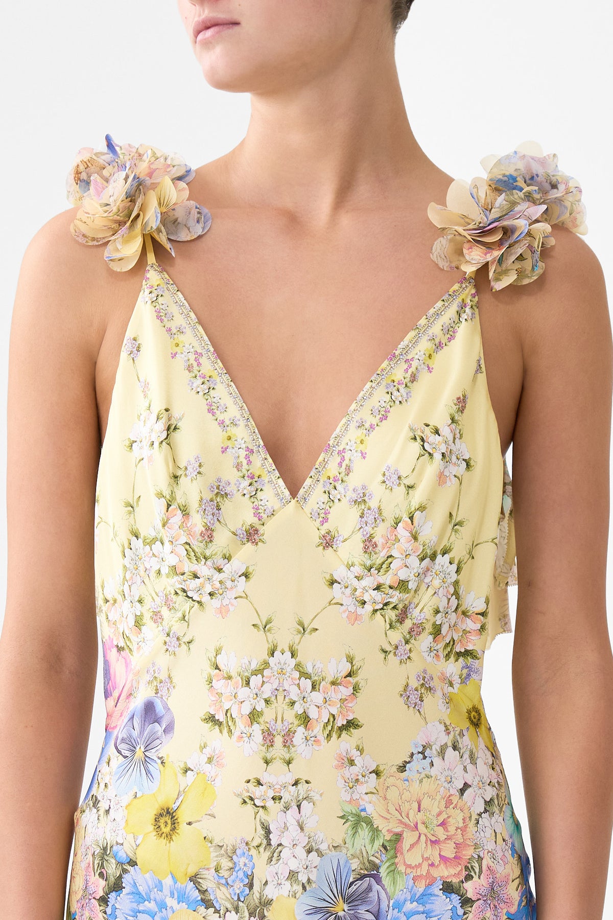 V NECK BIAS SLIP DRESS WITH BACK FRILL DARLING BUDS
