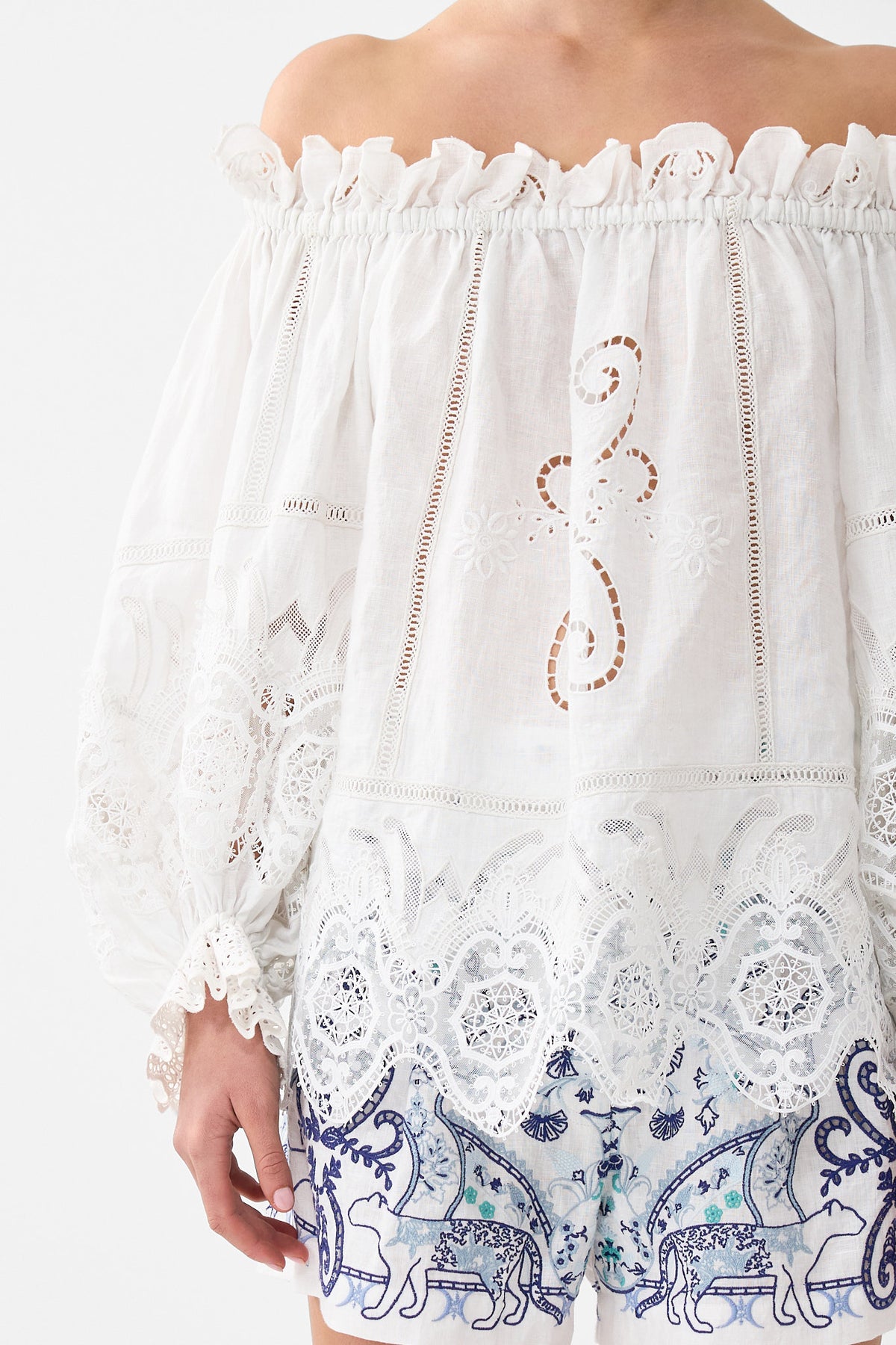 The CAMILLA FRILL OFF SHOULDER TOP ALL ABOUT THAT LACE