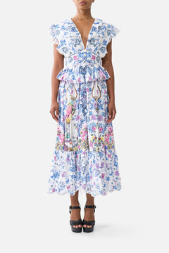 WAISTED MIDI DRESS WITH RUFFLE DETAILS ALL ABOUT THAT LACE