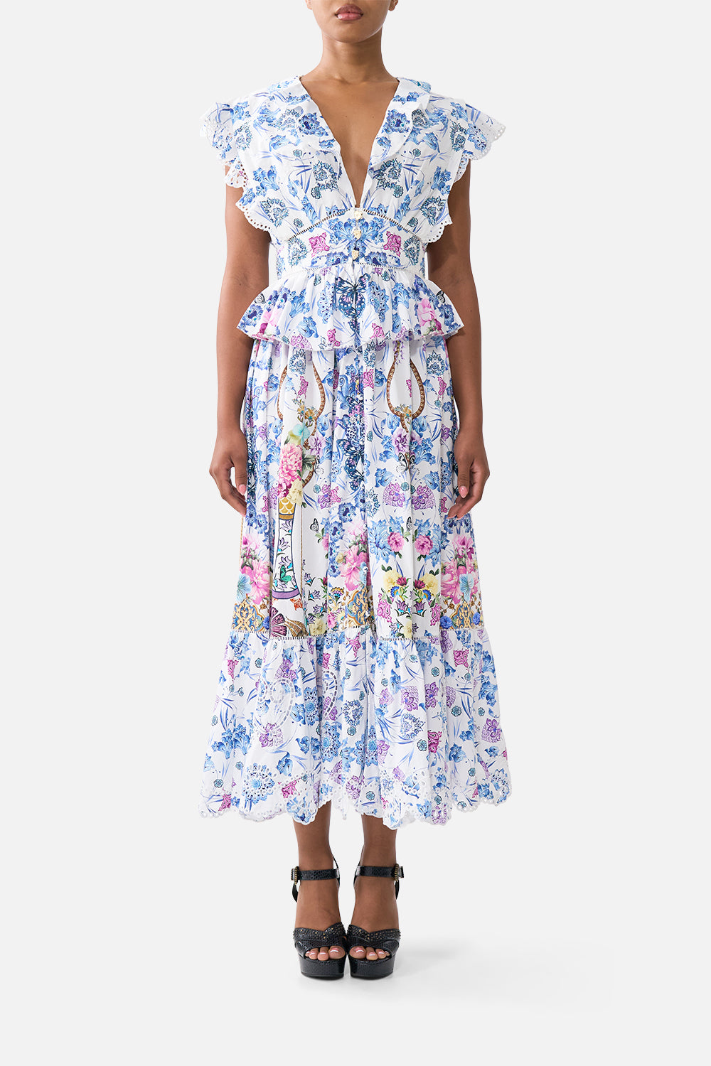 The CAMILLA WAISTED MIDI DRESS WITH RUFFLE DETAILS ALL ABOUT THAT LACEALL ABOUT THAT LACE