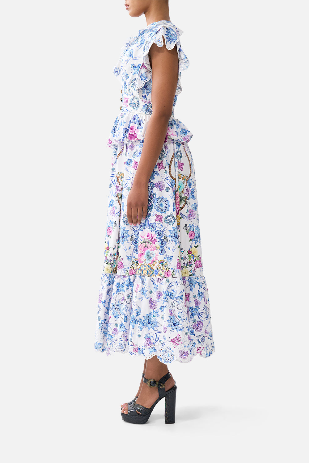 The CAMILLA WAISTED MIDI DRESS WITH RUFFLE DETAILS ALL ABOUT THAT LACE