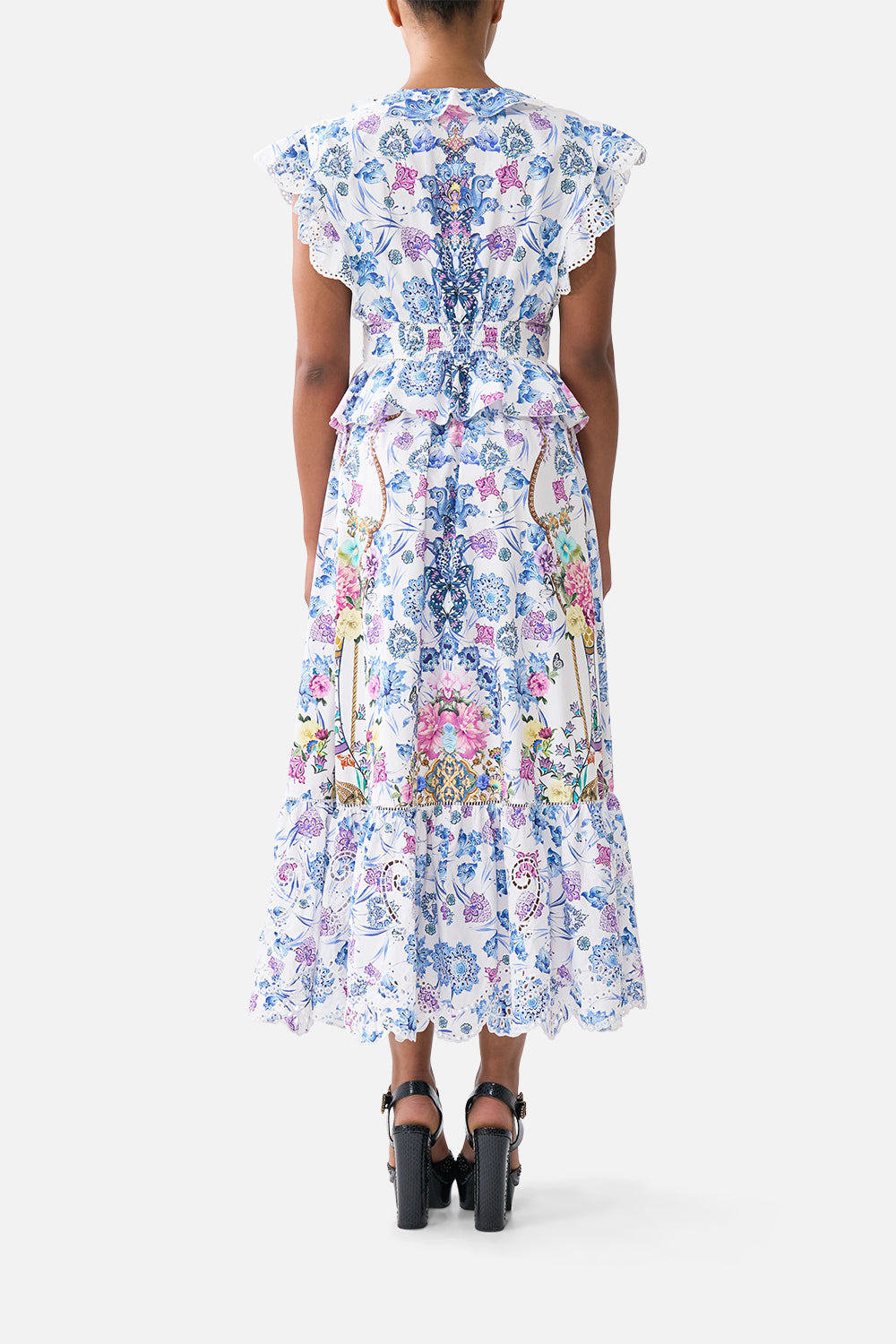 The CAMILLA WAISTED MIDI DRESS WITH RUFFLE DETAILS ALL ABOUT THAT LACE