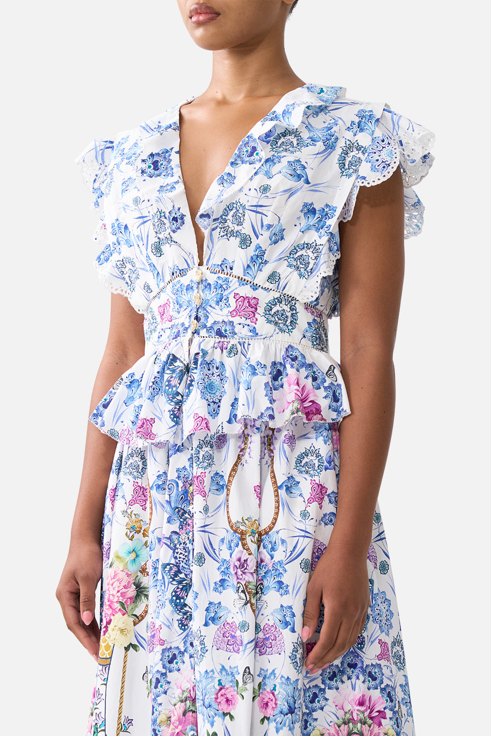 The CAMILLA WAISTED MIDI DRESS WITH RUFFLE DETAILS ALL ABOUT THAT LACE