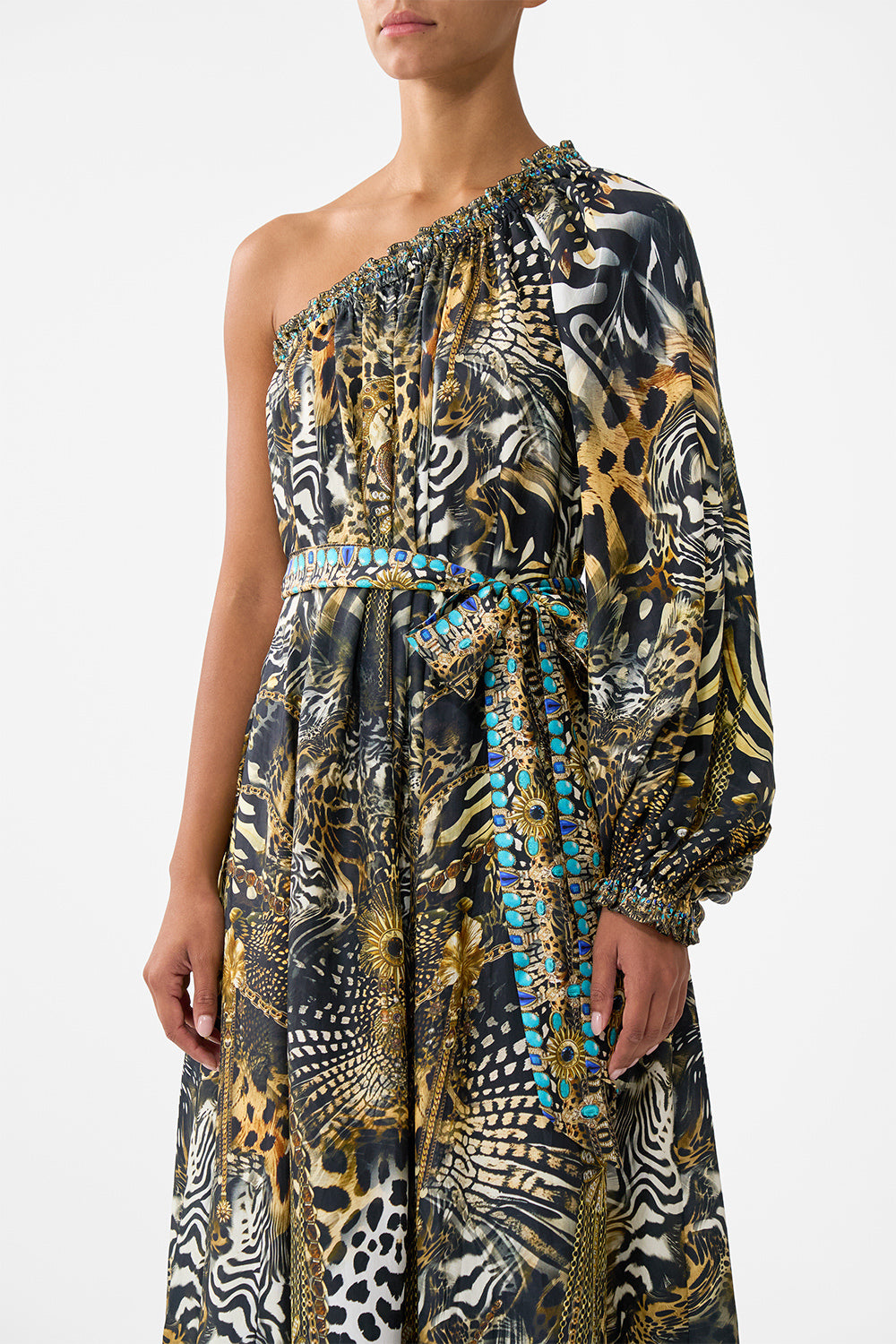 ONE SHOULDER DRESS WITH BLOUSON SLEEVE FELINE FOLKLORE