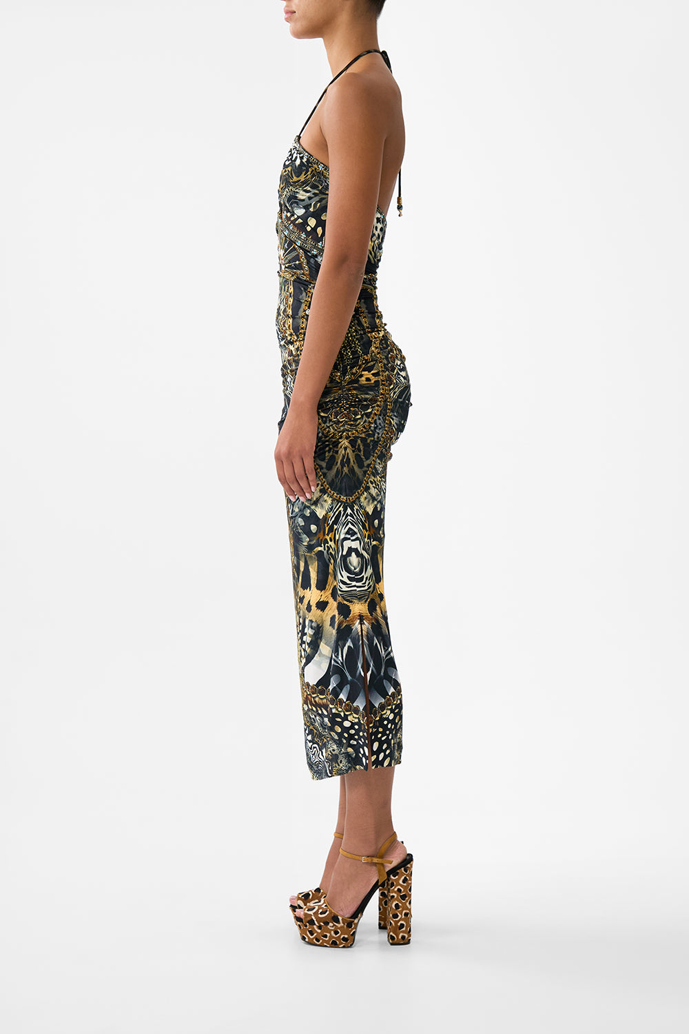 CUT OUT SLEEVELESS JERSEY HALTER NECK DRESS FELINE FOLKLORE