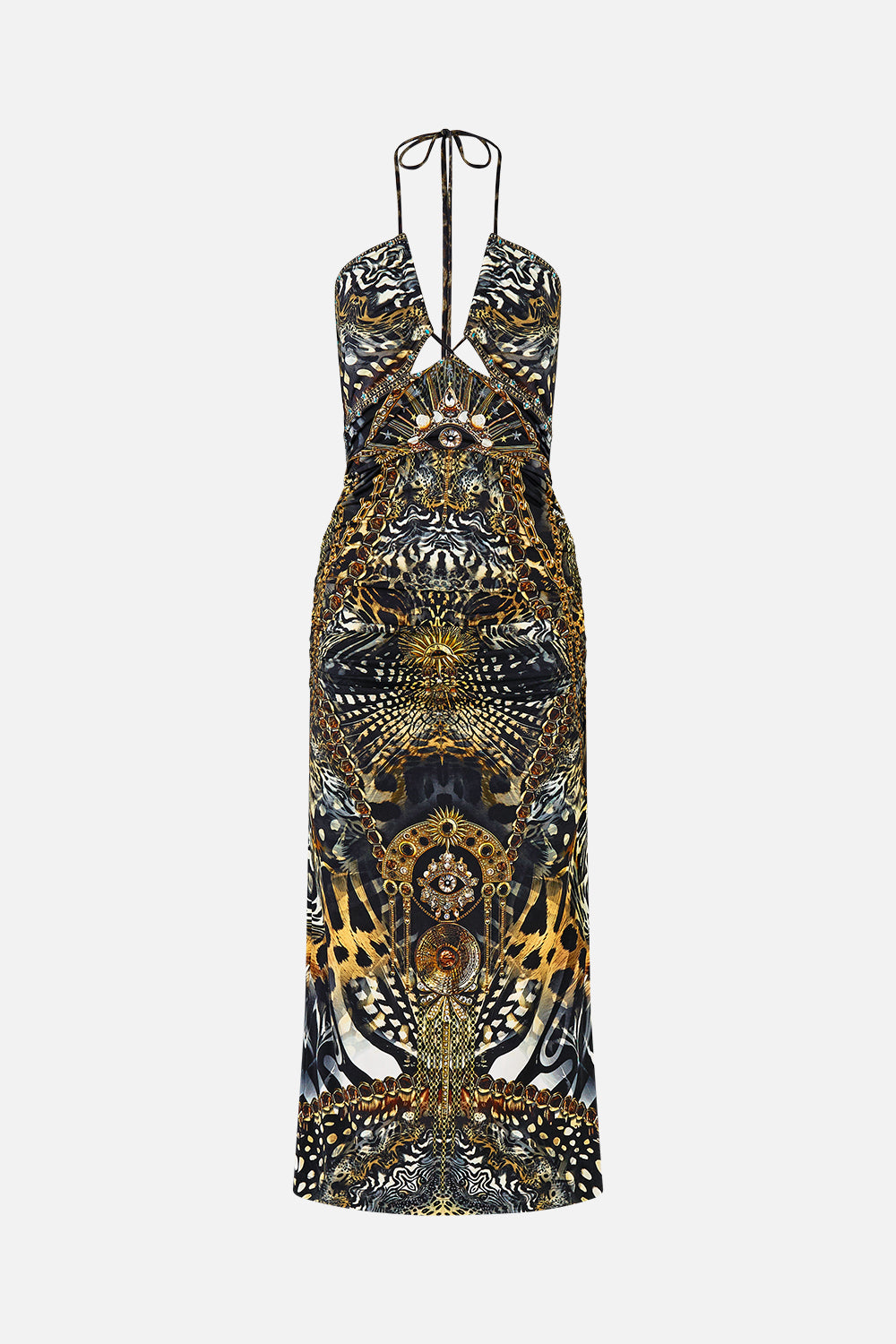 CUT OUT SLEEVELESS JERSEY HALTER NECK DRESS FELINE FOLKLORE