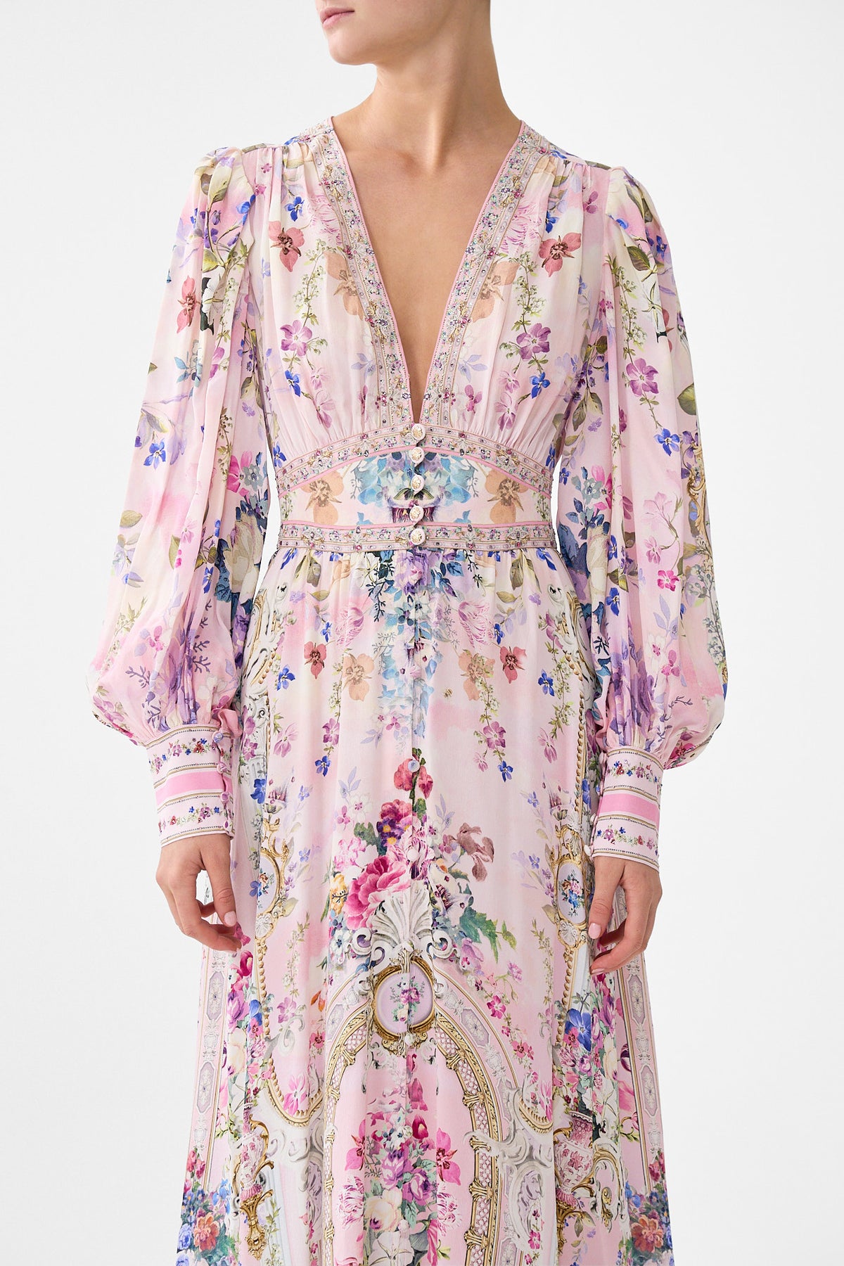 SHAPED WAISTBAND DRESS WITH GATHERED SLEEVES PALATIAL PASTELS