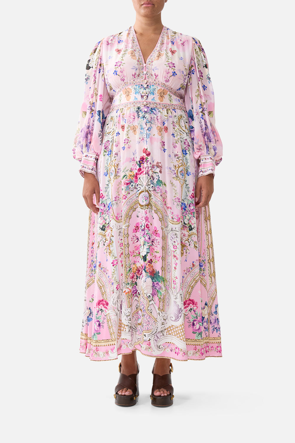 SHAPED WAISTBAND DRESS WITH GATHERED SLEEVES PALATIAL PASTELS