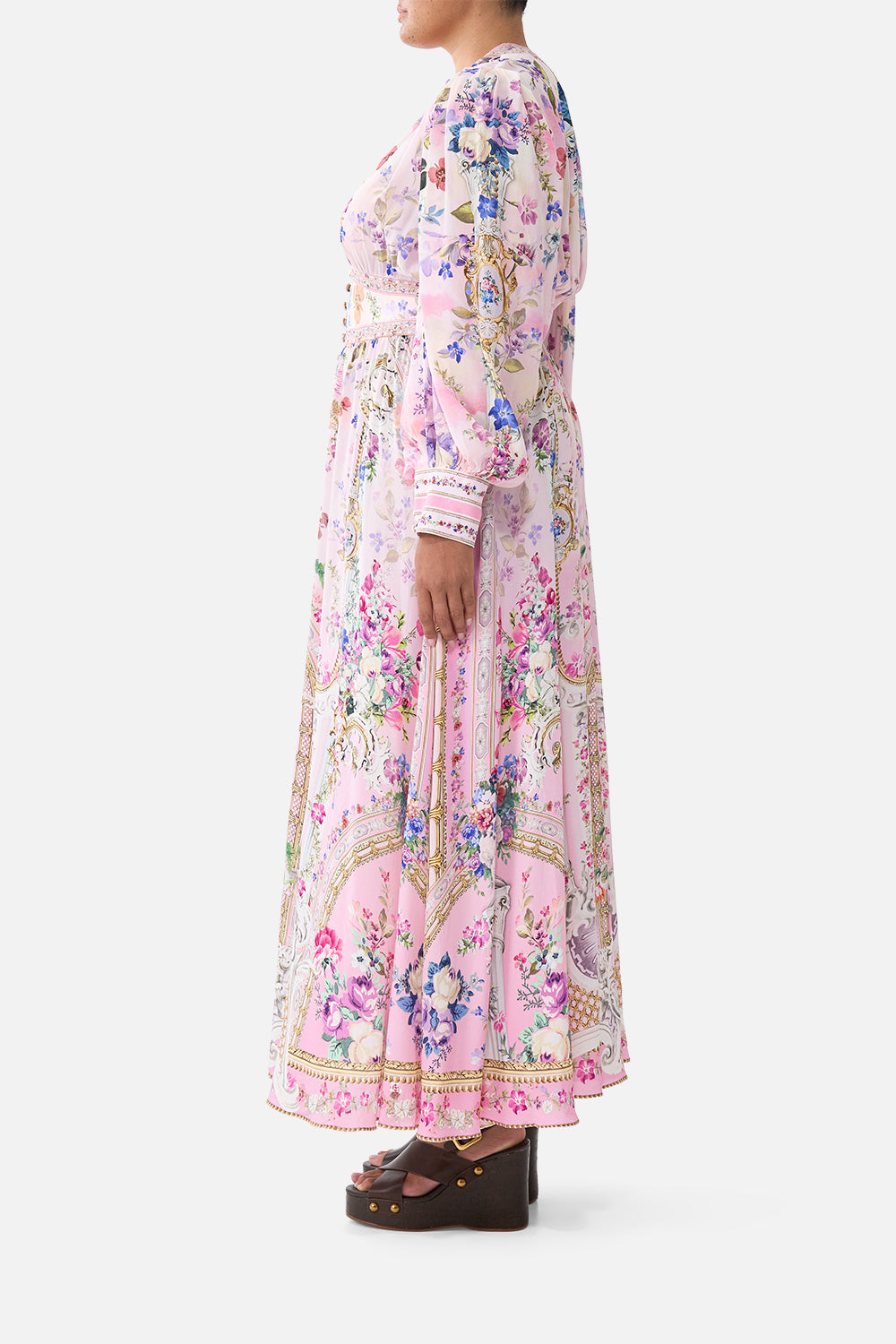 SHAPED WAISTBAND DRESS WITH GATHERED SLEEVES PALATIAL PASTELS