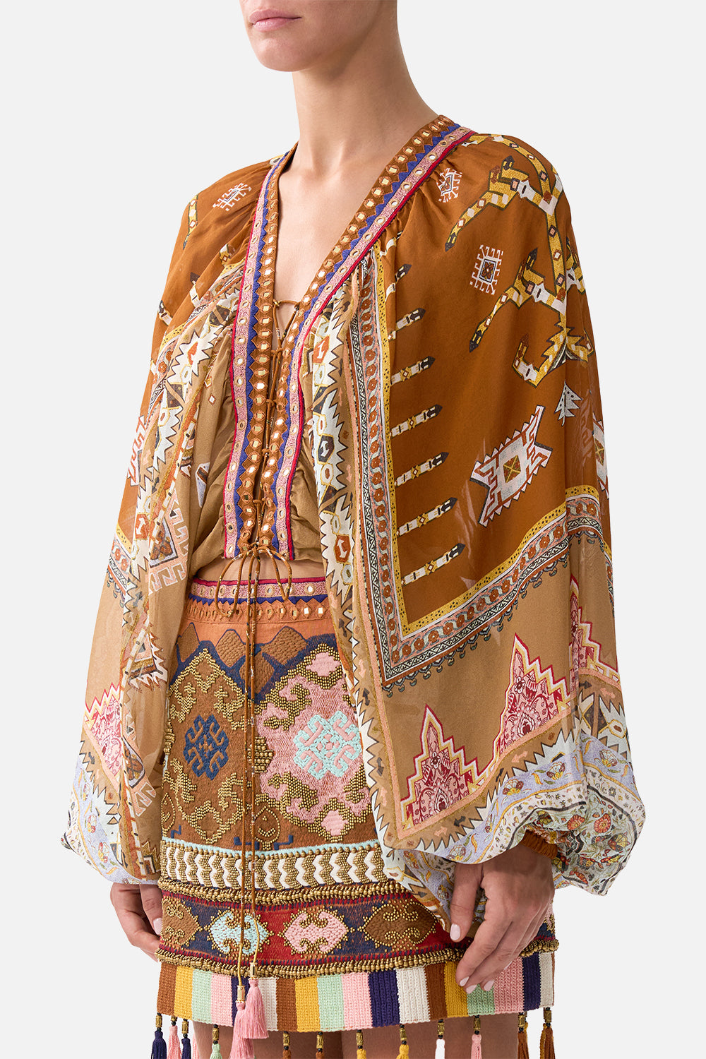The CAMILLA LACE UP FRONT BLOUSON SLEEVE BLOUSE FABRIC OF TIME