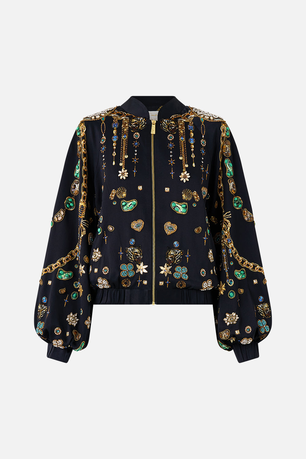 The CAMILLA BOMBER JACKET WITH SHIRRED CUFF AMULETS AND ALCHEMY