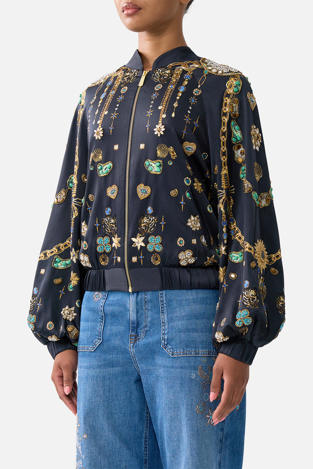 The CAMILLA BOMBER JACKET WITH SHIRRED CUFF AMULETS AND ALCHEMY