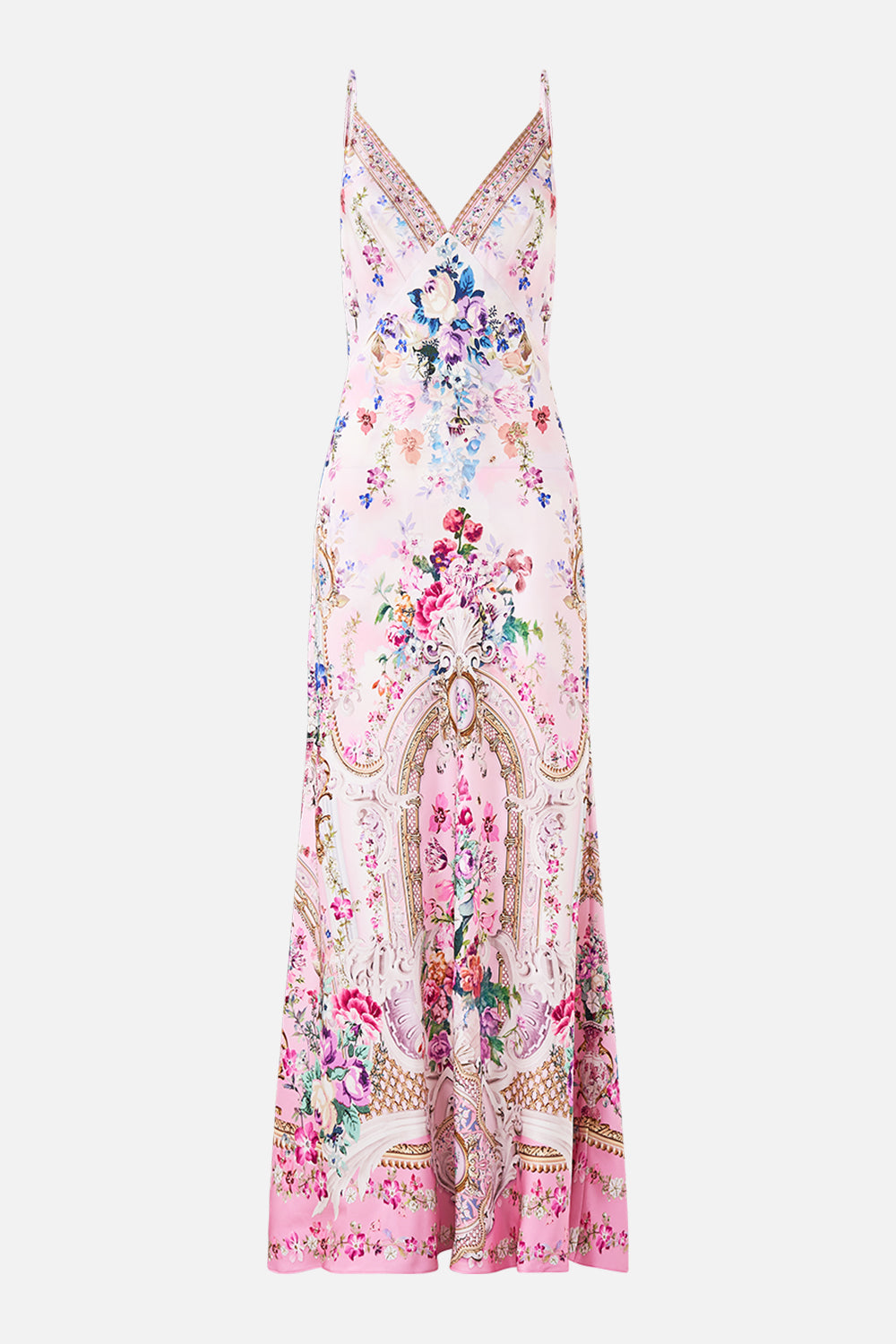 The CAMILLA V-NECK LONG BIAS SLIP DRESS WITH TRAIN PALATIAL PASTELS
