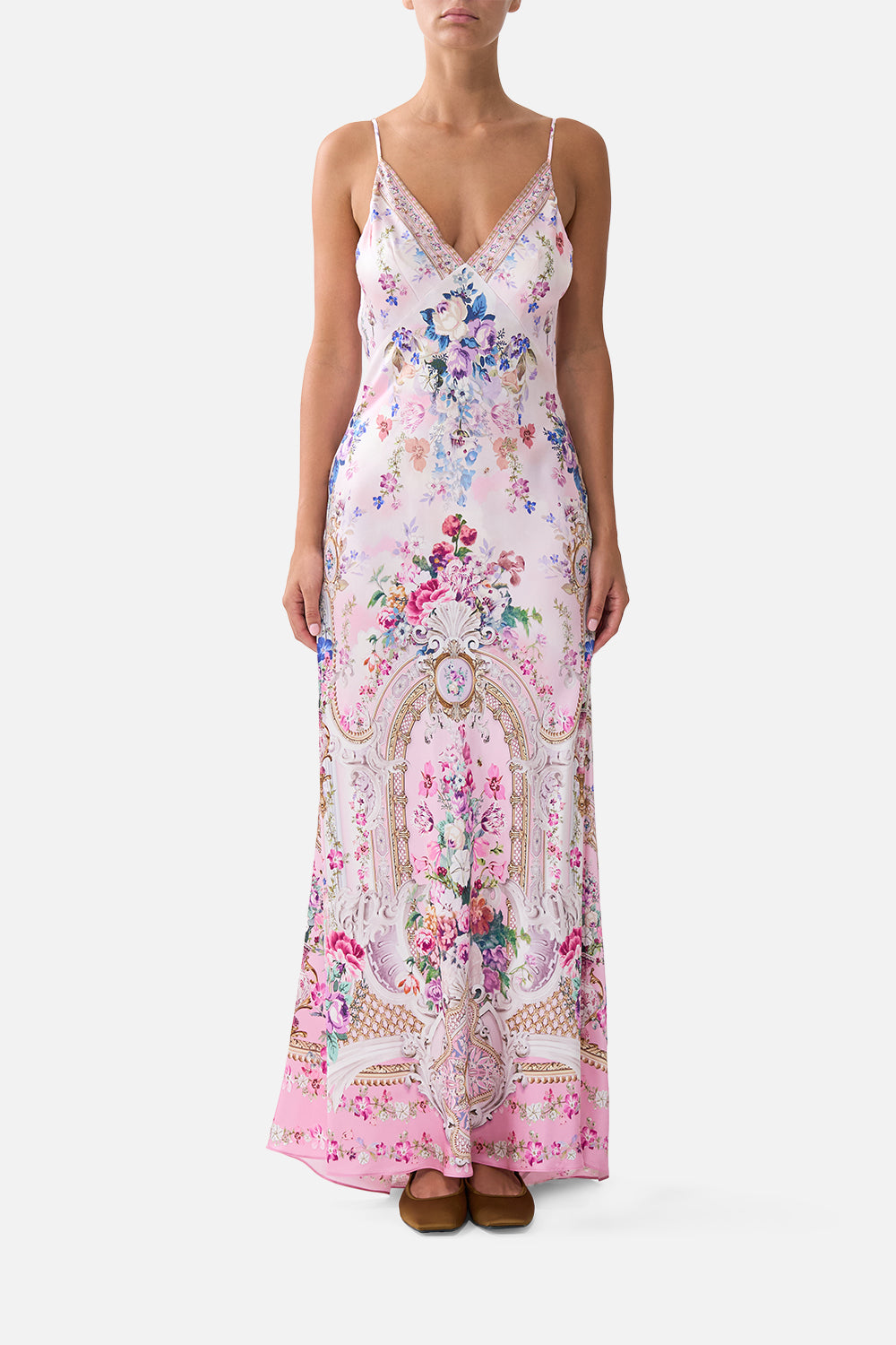 The CAMILLA V-NECK LONG BIAS SLIP DRESS WITH TRAIN PALATIAL PASTELSPALATIAL PASTELS