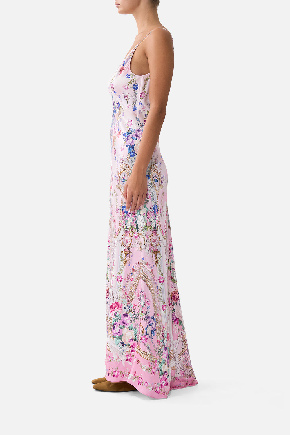 The CAMILLA V-NECK LONG BIAS SLIP DRESS WITH TRAIN PALATIAL PASTELS