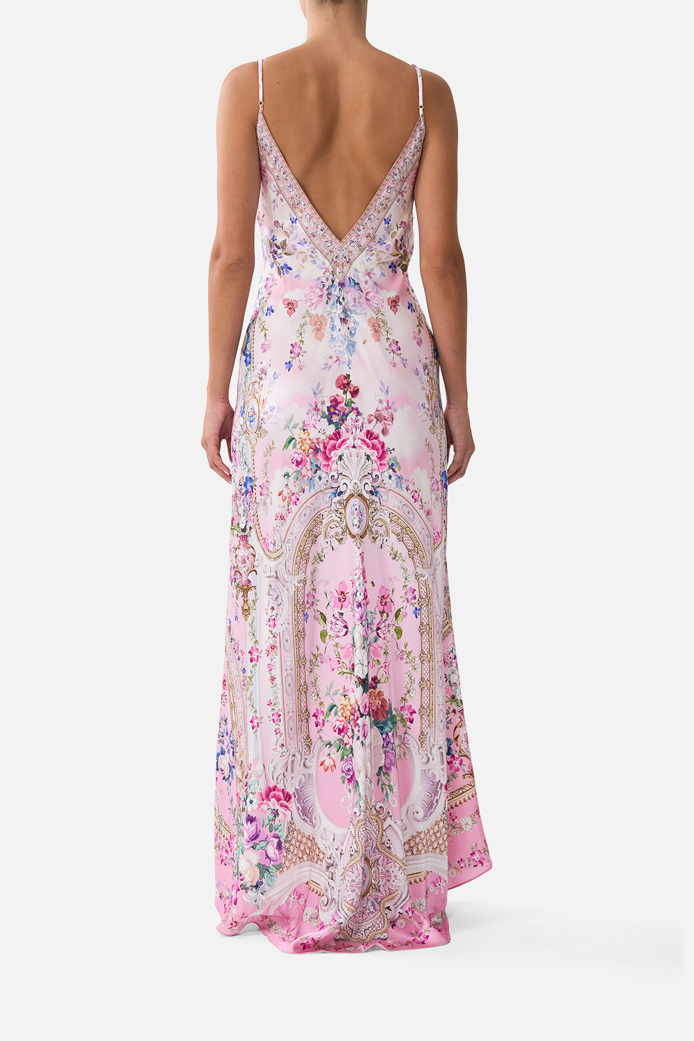 The CAMILLA V-NECK LONG BIAS SLIP DRESS WITH TRAIN PALATIAL PASTELS