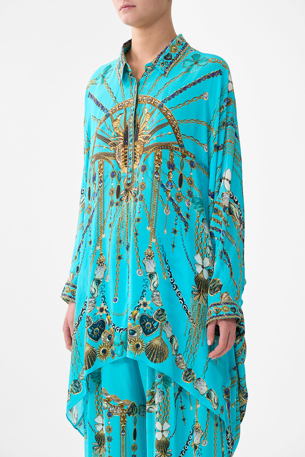 BUTTON UP TOP WITH DRAPED BACK TOTEMS AND TREASURES