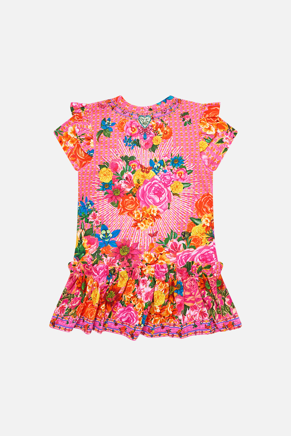 The CAMILLA KIDS TEE MINI DRESS W FRILL SHOULDER AND HEM ILLUSTRATION NATION