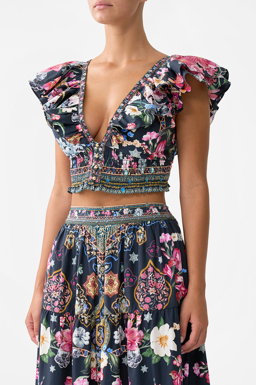 DEEP V FRILL SHORT SLEEVE TOP MIDNIGHT IN MONSERRATE