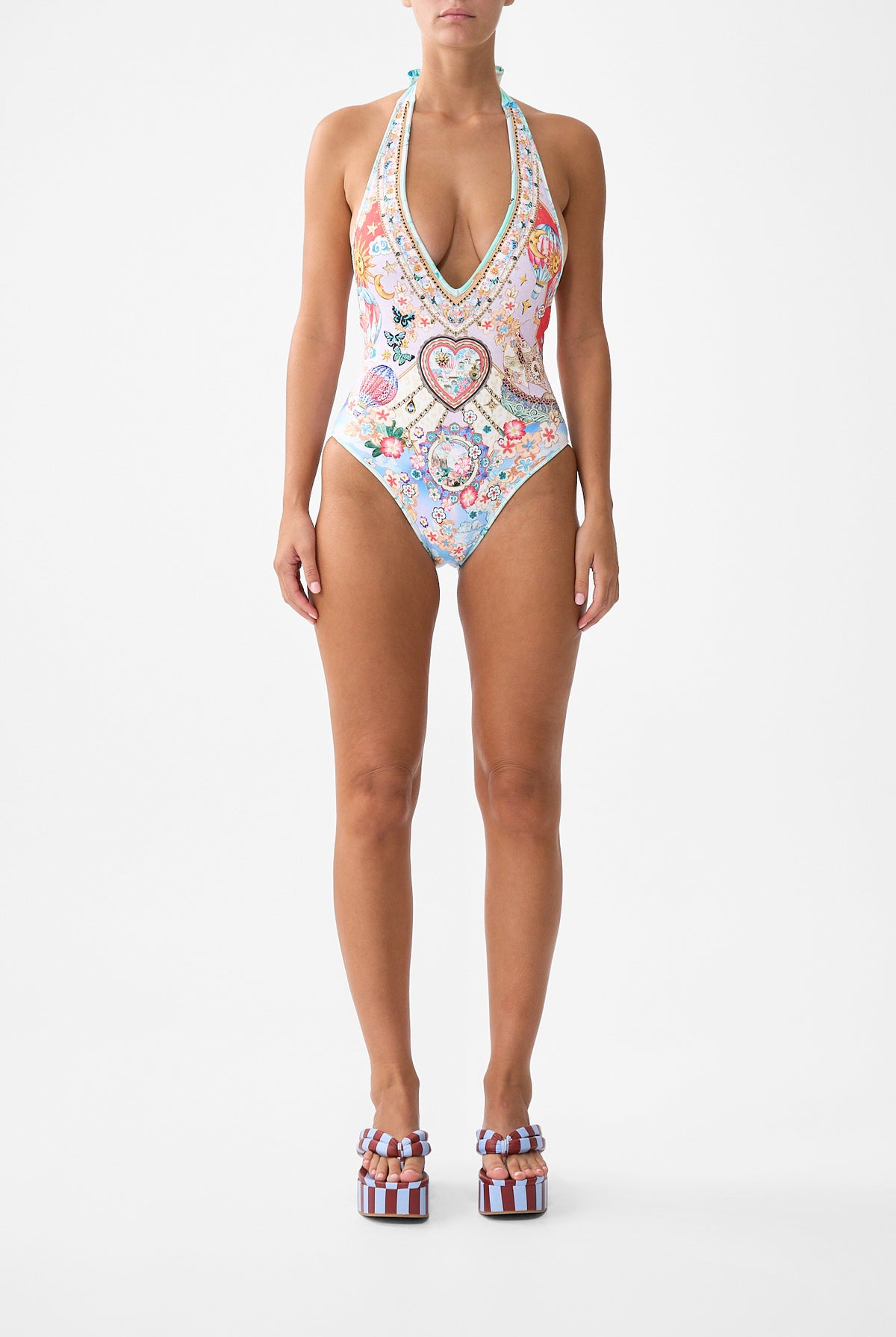 The CAMILLA REVERSIBLE BIND EDGE V NECK HALTER ONE PIECE MINIATURE MOMENTS