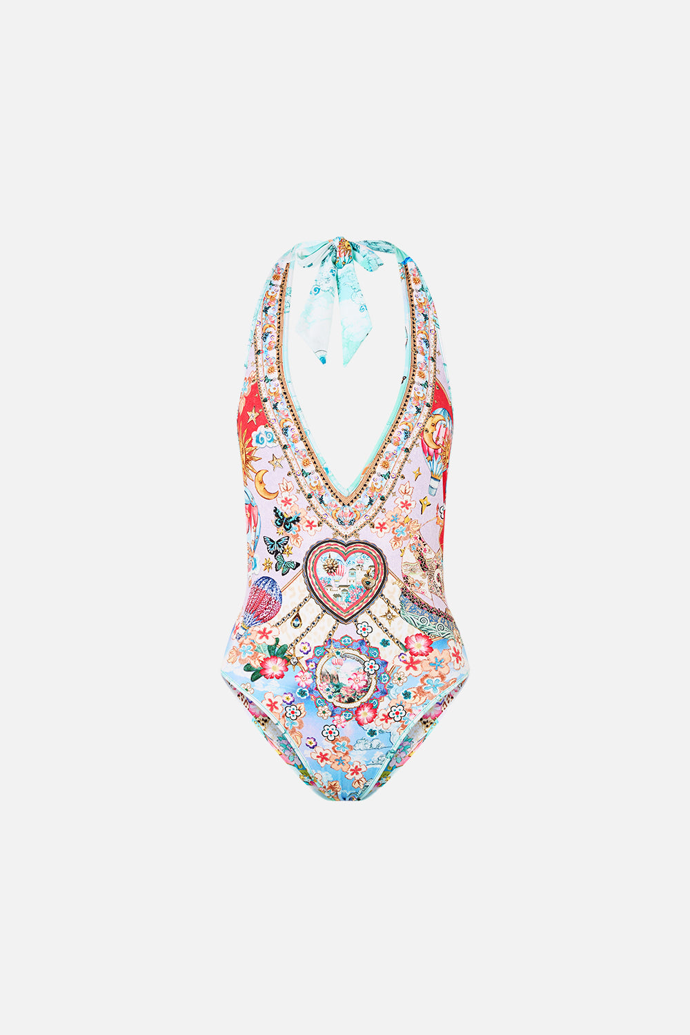 The CAMILLA REVERSIBLE BIND EDGE V NECK HALTER ONE PIECE MINIATURE MOMENTS