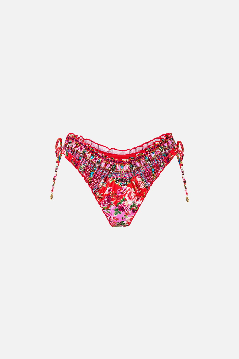 The CAMILLA RUCHED SKIMPY BIKINI BOTTOM WITH TIE SIDES HEIRLOOM EMPIRE