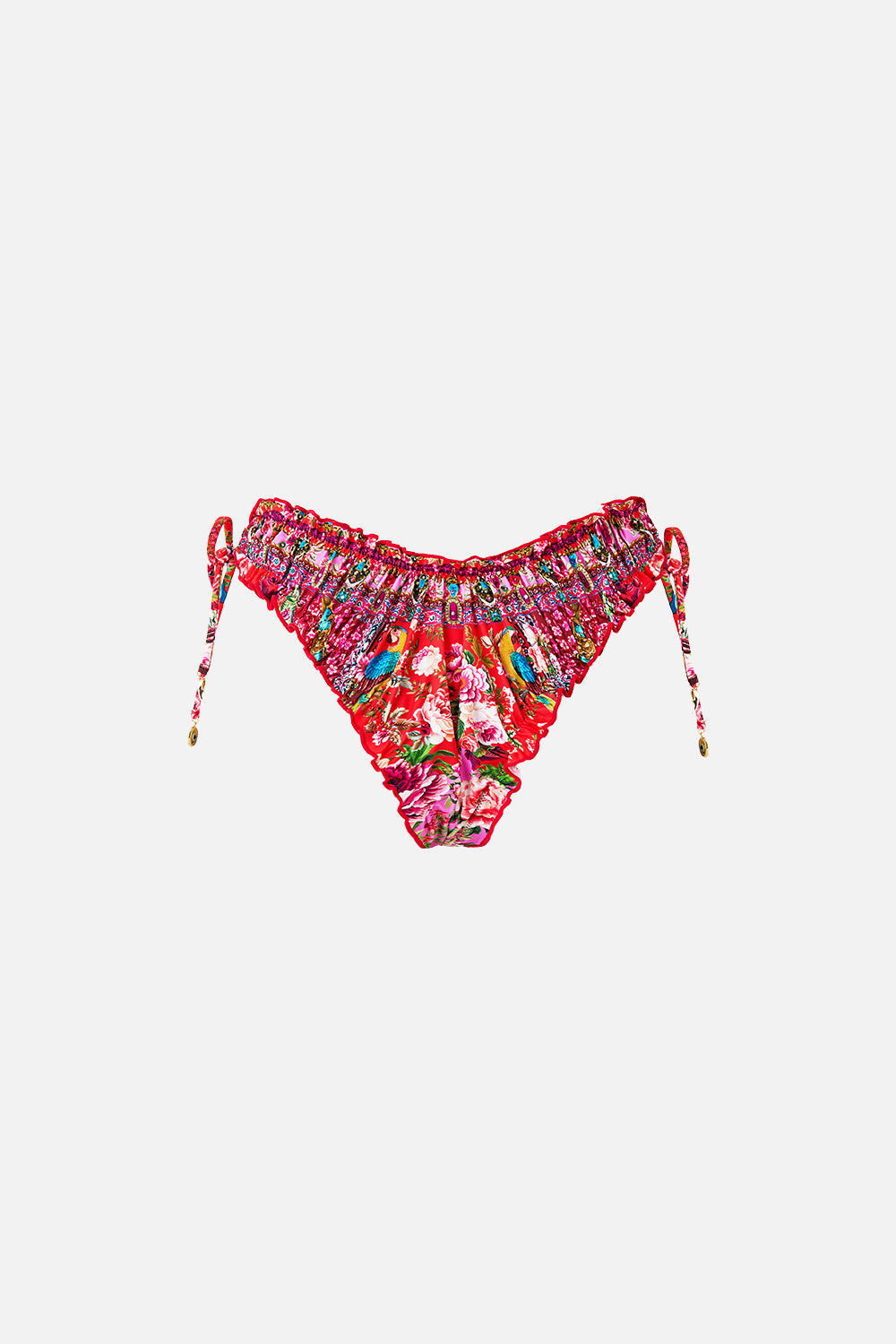 The CAMILLA RUCHED SKIMPY BIKINI BOTTOM WITH TIE SIDES HEIRLOOM EMPIRE