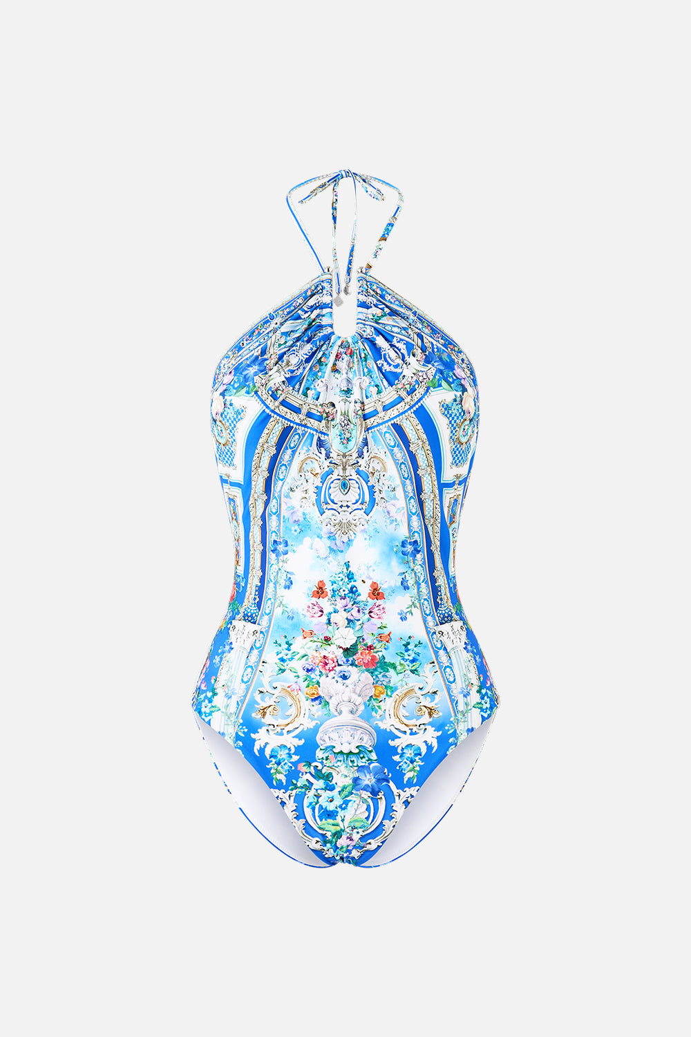 The CAMILLA DIAMOND NECK HALTER ONE PIECE WITH U RING FRONT OTTOMAN OPULENCE