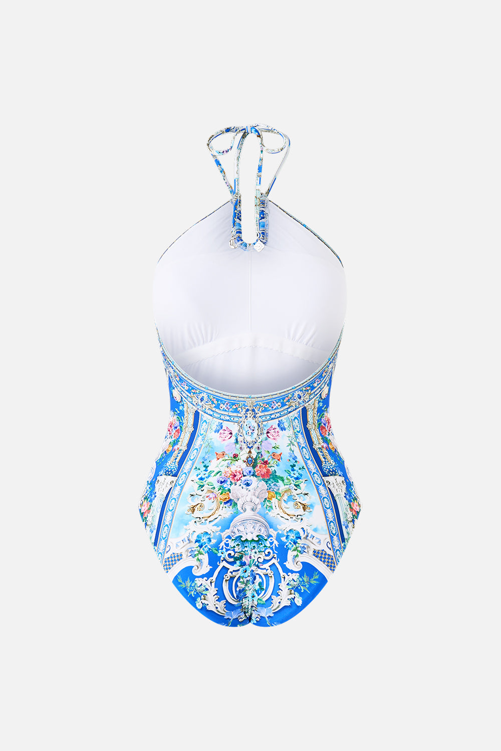 The CAMILLA DIAMOND NECK HALTER ONE PIECE WITH U RING FRONT OTTOMAN OPULENCE