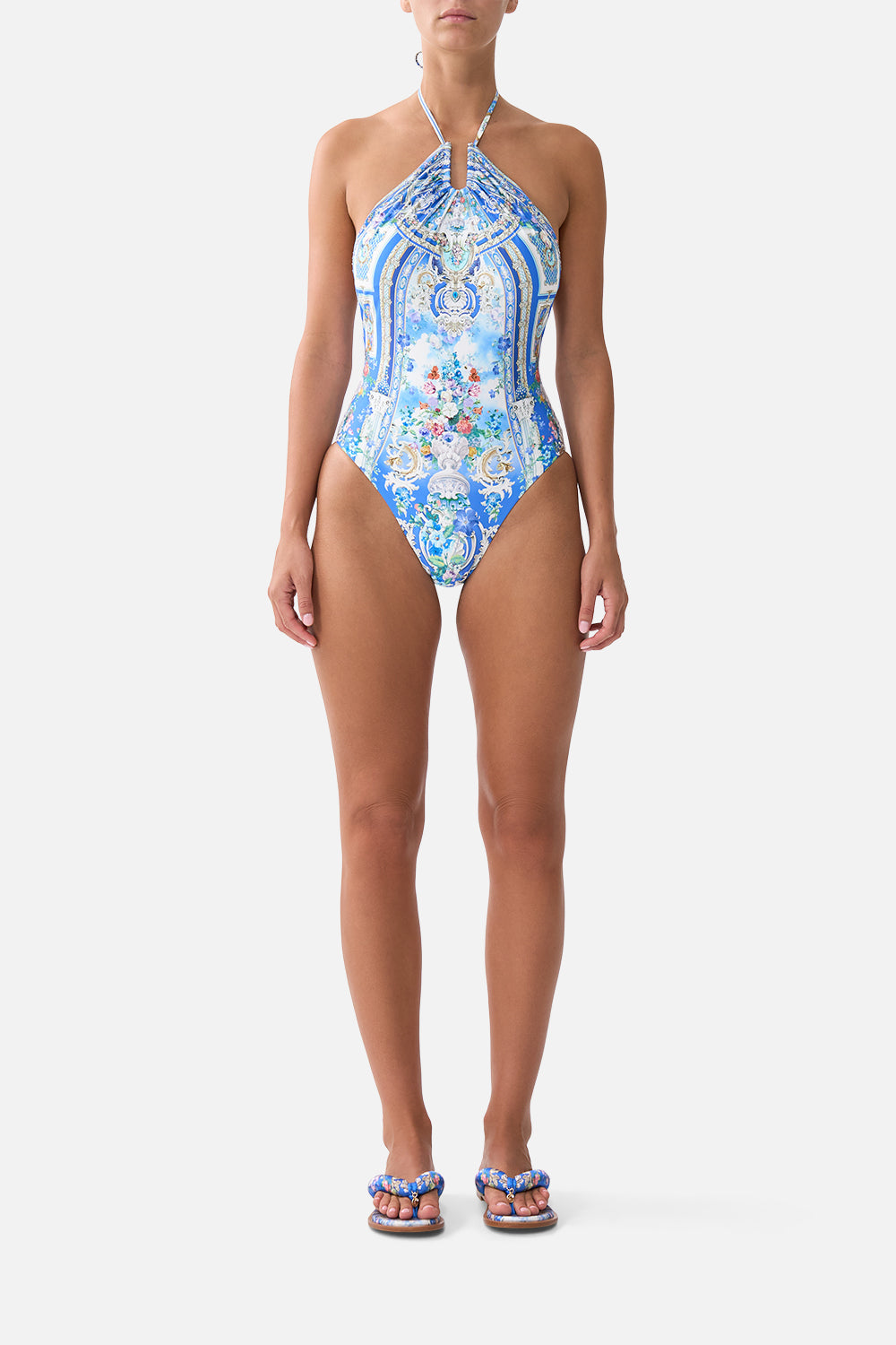 The CAMILLA DIAMOND NECK HALTER ONE PIECE WITH U RING FRONT OTTOMAN OPULENCEOTTOMAN OPULENCE