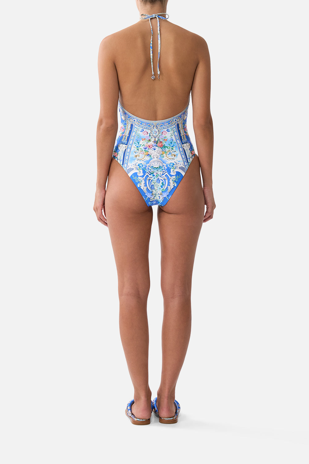 The CAMILLA DIAMOND NECK HALTER ONE PIECE WITH U RING FRONT OTTOMAN OPULENCE