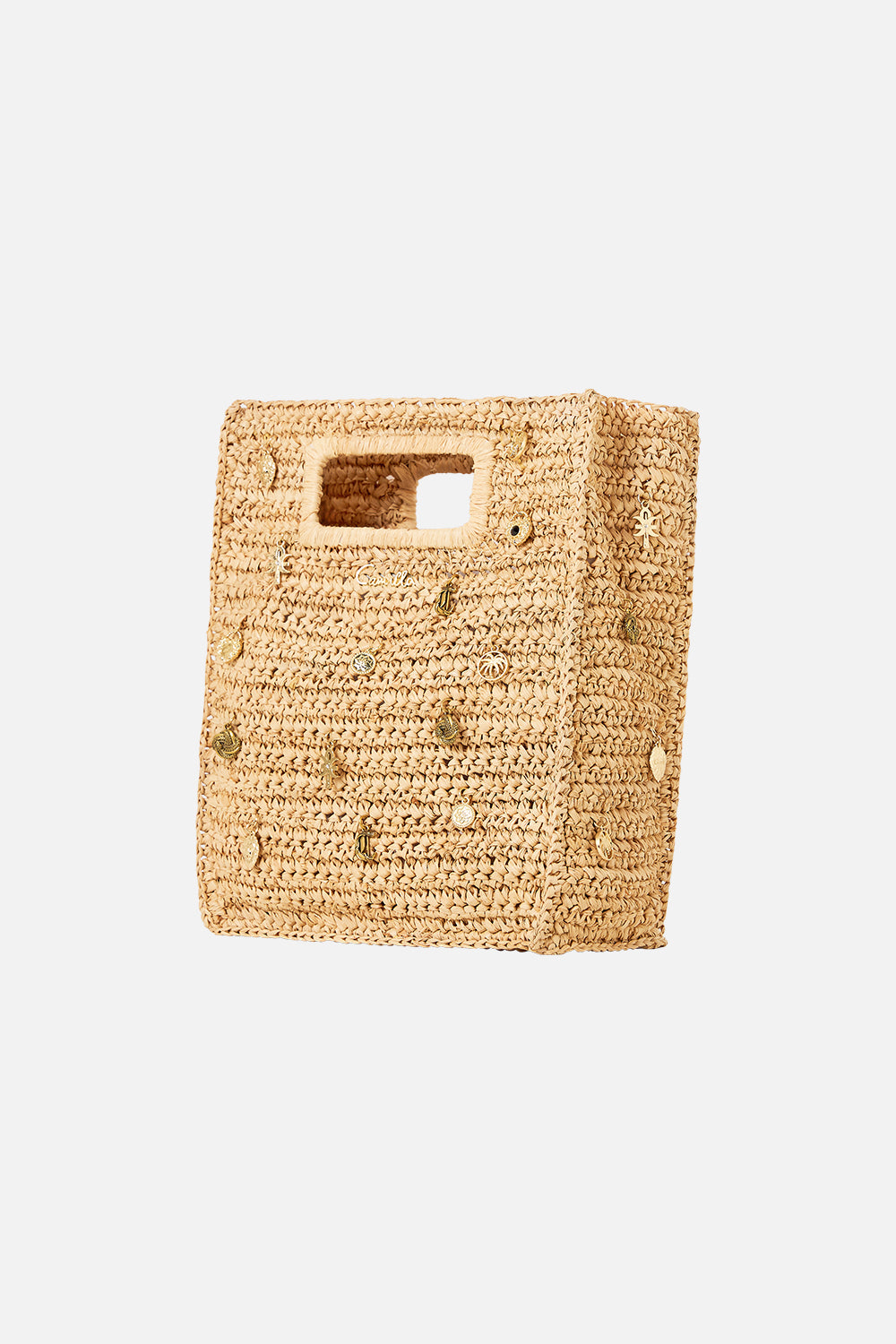 The CAMILLA RAFFIA MINI NORTH SOUTH TOTE WITH CHARMS NATURAL