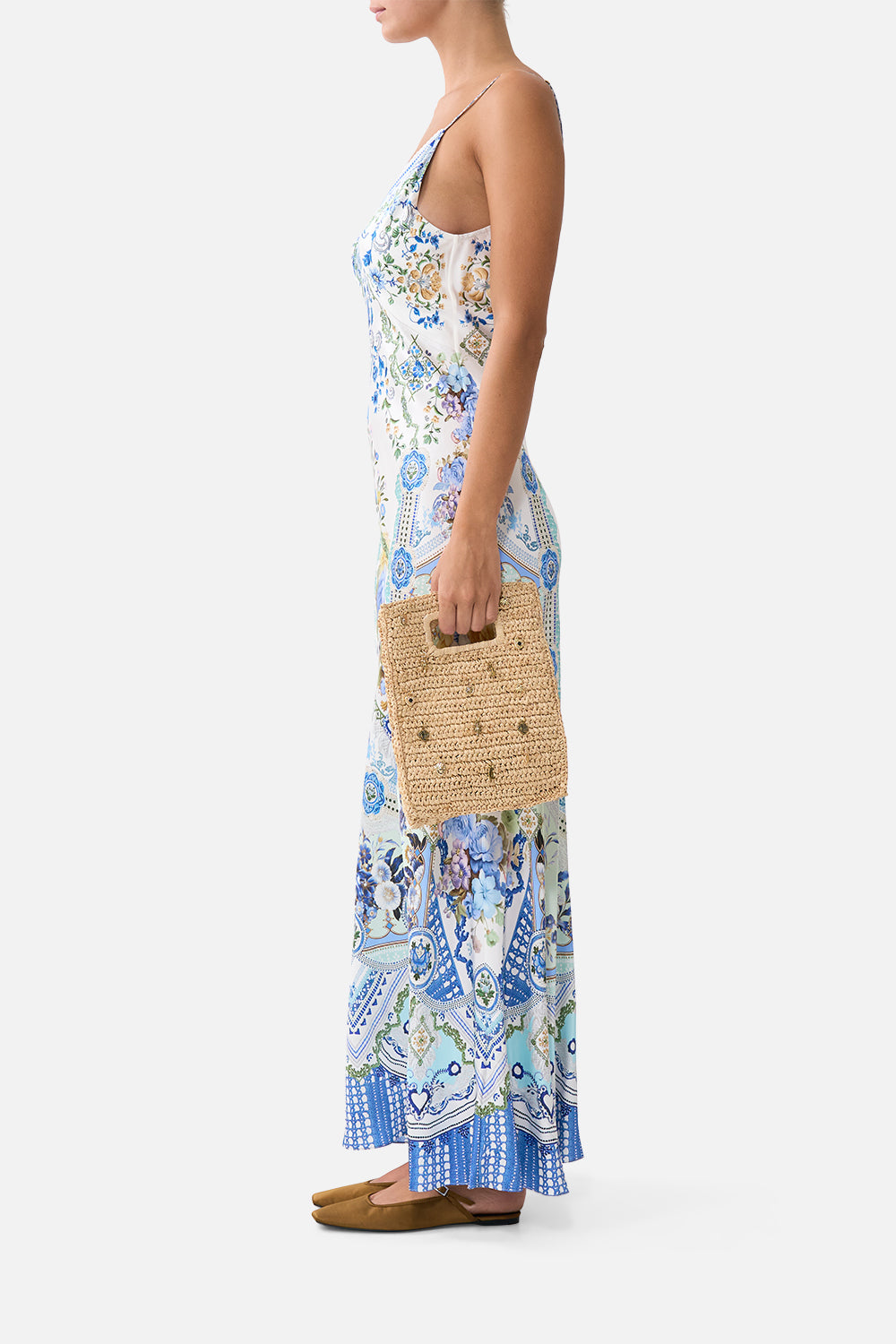 The CAMILLA RAFFIA MINI NORTH SOUTH TOTE WITH CHARMS NATURAL