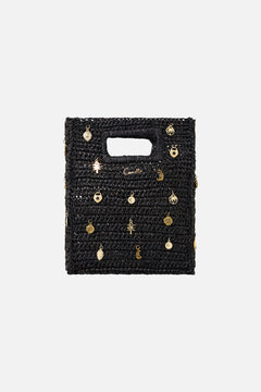 RAFFIA MINI NORTH SOUTH TOTE WITH CHARMS SOLID BLACK