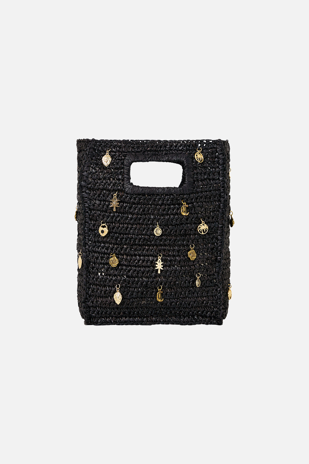 RAFFIA MINI NORTH SOUTH TOTE WITH CHARMS SOLID BLACK